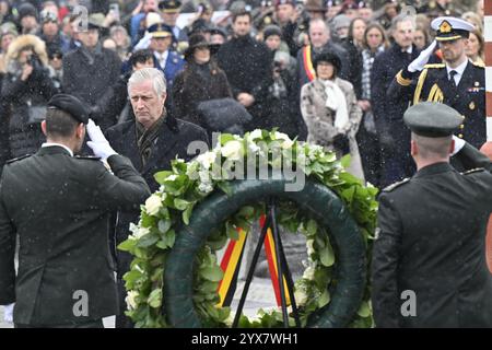 Bastogne, Belgien. Dezember 2024. König Philippe – Filip von Belgien, dargestellt während der Gedenkfeier zum 80. Jahrestag der Ardennenschlacht, einer entscheidenden Episode des Zweiten Weltkriegs, in Bastogne am Samstag, den 14. Dezember 2024. BELGA PHOTO ERIC LALMAND Credit: Belga News Agency/Alamy Live News Stockfoto