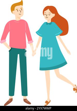 Fröhliches junges Paar, Hand in Hand, genießen einen gemütlichen Spaziergang zusammen, genießen die einfachen Freuden der anderen in einer unbeschwerten und Stock Vektor