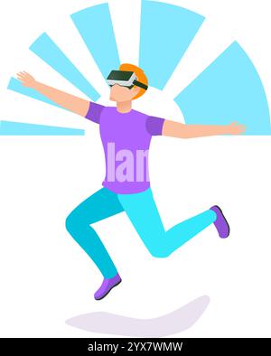Ein junger Mann mit einer Virtual-Reality-Brille springt und erlebt die Virtual-Reality-Welt, spielt Videospiele, läuft Simulation, futuristisch Stock Vektor