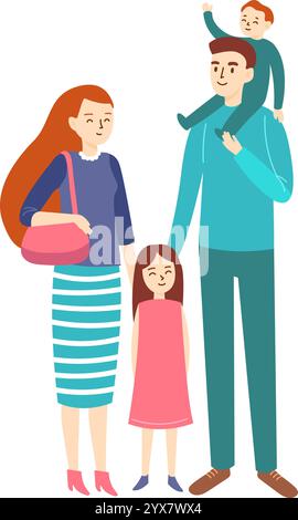 Die lächelnde Familie posiert für ein Porträt, der Vater trägt den Sohn auf den Schultern und hält die Hand der Tochter und zeigt die Einheit und das Glück der Familie Stock Vektor