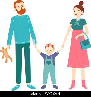 Lächelnde Eltern halten die Hände ihres fröhlichen Sohnes, Vater hält Teddybären und genießen einen gemeinsamen Spaziergang, der die Einheit und das Glück der Familie repräsentiert Stock Vektor