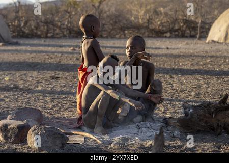 Himba-Kinder sitzen am Feuer, im Morgenlicht, traditionelles Himba-Dorf, Kaokoveld, Kunene, Namibia, Afrika Stockfoto