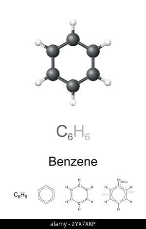 Benzol, Benzol, C6H6, Molekülmodell und chemische Formel. Organische Verbindung, aromatischer Kohlenwasserstoff aus 6 Kohlenstoffatomen, verbunden in einem planaren sechseckigen Ring. Stockfoto