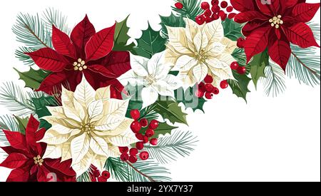 Weihnachtsrahmen mit Tanne, stechpalme, Weihnachtsstern Stock Vektor