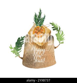 Eine Aquarellillustration mit einem rustikalen Holzstumpf, der mit einem ordentlich gewickelten Geschenk verziert ist Stockfoto