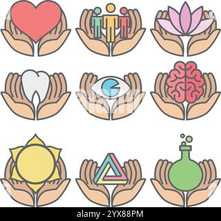 Set von pflegenden Vektorsymbolen mit Händen, die verschiedene Symbole für Gesundheit, Gemeinschaft und Wissenschaft halten Stock Vektor
