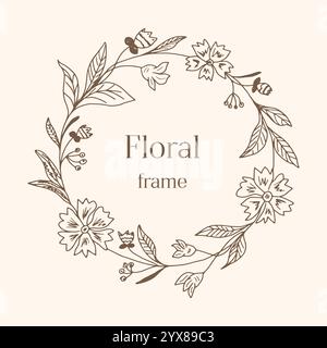 Handgezeichneter Blumenrahmen mit Blumen und Blättern. Elegante Logo-Vorlage, runder Kranz für Etiketten, Corporate Identity, Hochzeitseinladungen Stock Vektor