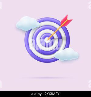 Pfeil trifft auf die Mitte des Ziels in den Wolken. Konzept zur Erreichung des Ziels, des finanziellen Ziels des Geschäfts oder des Erfolgs. Vektor 3D-Abbildung in Stock Vektor