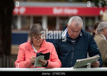 Windsor, Großbritannien. Oktober 2024. Racegoers studieren die Form auf der Royal Windsor Racecourse in Windsor, Berkshire. Kredit: Maureen McLean/Alamy Stockfoto