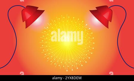 Orangefarbener gelber radialer abstrakter Hintergrund mit zwei roten Lampenlichtern und Stern in der Mitte Stock Vektor