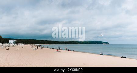 Die Menschen genießen den Sandstrand von sopot, polen, unter einem bewölkten Himmel, mit einer Möwe, die anmutig über den ruhigen Gewässern der ostsee fliegt Stockfoto