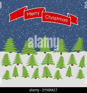 Nachtwald mit fallendem Schnee und rotem Band mit der Inschrift Happy Christmas. Vektorabbildung. Stock Vektor