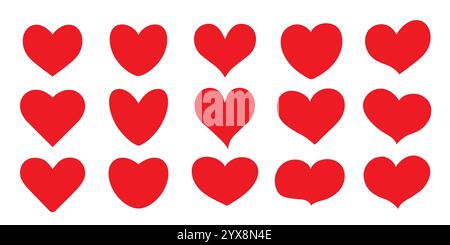 Ein Set von 15 roten Herzen auf weißem Hintergrund. Aufkleber von Herzen verschiedener Formen. Stock Vektor