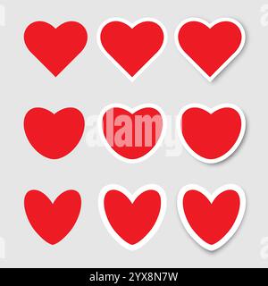 Ein Satz von 9 roten Herzen auf grauem Hintergrund. Vektorsymbole von Herzen verschiedener Formen für das Internet, Valentinstag. Stock Vektor