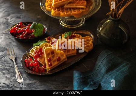 Herzförmige belgische Waffeln mit roter Johannisbeere auf Vintage-Teller - dunkel und stimmungsvoll Stockfoto