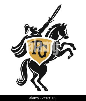 Ritter in Rüstung mit Schild und Schwert auf aufziehendem Pferd. Markenlogo-Firma. Symbol für Sicherheit, Sicherheitsemblem Stock Vektor
