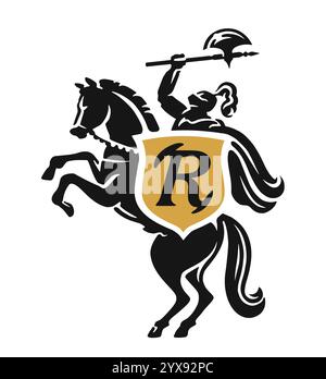 Ritter in Kampfrüstung und mit Waffen auf aufziehendem Pferd. Emblem, Symbolvektor-Illustration Stock Vektor