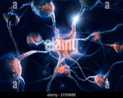 Netzwerk von Neuronen und Nervenverbindungen, Gehirnzellen, wissenschaftliche konzeptionelle 3D illustration Stockfoto