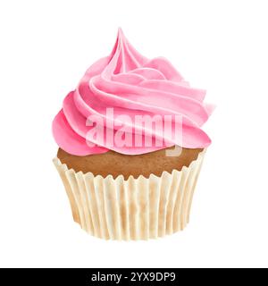 Cupcake mit Erdbeerrosa Creme im Papierkorb. Digitale Illustration mit Aquarell. Süßes Gebäck isoliert, auf weißem Hintergrund. Biskuitkuchen mit swee Stockfoto