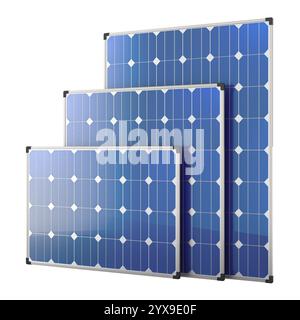 Solarpaneele, unterschiedliche Größe. 3D-Rendering isoliert auf weißem Hintergrund Stockfoto