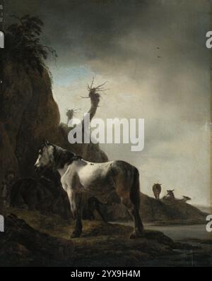 Titel: Weißes Pferd am Flussufer Künstler: Philips Wouwerman Jahr: n/d Medium: Öl auf Platte Abmessungen: 28,7 x 22,7 cm Ort: Museo Nacional Thyssen-Bornemisza, Madrid Stockfoto