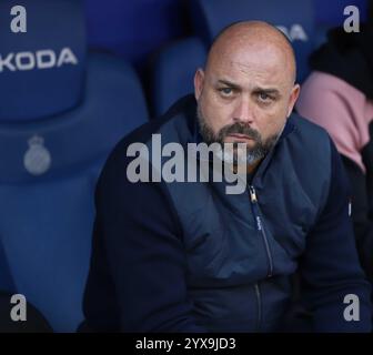 Sabadell, Barcelona, Spanien. Dezember 2024. Barcelona Spanien 14.12.2024 Manolo Gonzalez Trainer (Espanyol) sieht während der La Liga EA Sports zwischen Espanyol und Osasuna am 14. Dezember 2024 im RCDE-Stadion in Barcelona. (Kreditbild: © Xavi Urgeles/ZUMA Press Wire) NUR REDAKTIONELLE VERWENDUNG! Nicht für kommerzielle ZWECKE! Stockfoto