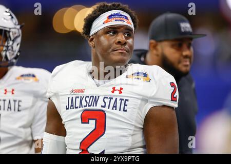 Atlanta, Georgia. Dezember 2024. Die Joshua Adligen von Jackson State spielten vor dem Cricket Celebration Bowl 2024 im Mercedes Benz Stadium in Atlanta, Georgia. Jackson State besiegt South Carolina State mit 28:7. Cecil Copeland/CSM/Alamy Live News Stockfoto