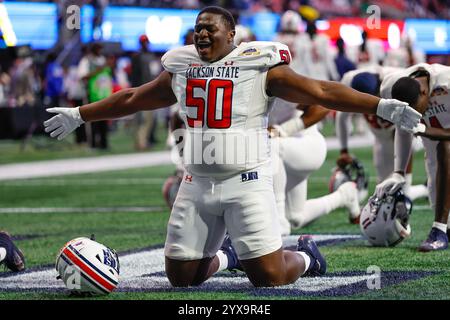 Atlanta, Georgia. Dezember 2024. Tymon Wells von Jackson State vor dem Cricket Celebration Bowl 2024 spielte er im Mercedes Benz Stadium in Atlanta, Georgia. Jackson State besiegt South Carolina State mit 28:7. Cecil Copeland/CSM/Alamy Live News Stockfoto