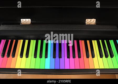 Klavier mit Tasten in Regenbogenfarben, Nahaufnahme. Musikinstrument Stockfoto