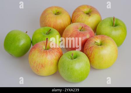Rote und grüne Äpfel auf grauem Hintergrund, dünner Fokus. Obst, Apfel Stockfoto
