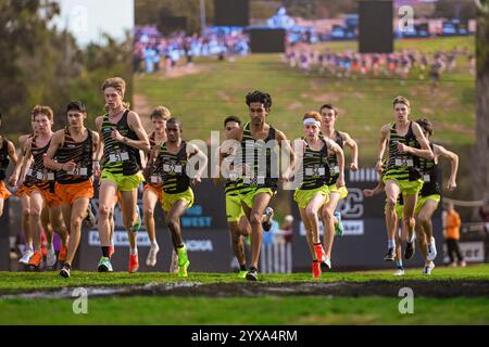 San Diego, Usa. Dezember 2024. Vinay Raman führt das Nordost-Team an, um den Start während der Foot locker Cross Country Championships am Samstag, den 14. Dezember 2024, in San Diego zu starten. Calif. (Thomas Fernandez/Image of Sport) Credit: Kirby Lee/Alamy Live News Stockfoto