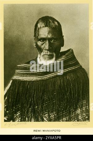 Porträt des älteren Maori-Häuptlings Rewi Maniapoto aus einer Publikation aus dem Jahr 1942 mit der Sammlung Victor Millard. Fotografiert von William Henry Thomas Partington um 1900, wahrscheinlich in Wanganui. Stockfoto