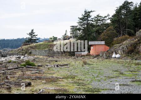 Fischerhütte in Fort Rodd Hill & Fisgard Lighthouse National Historic Site in Victoria, British Columbia, Kanada Stockfoto
