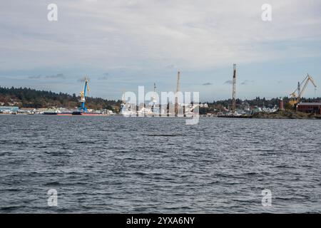 Esquimalt Harbour ab Fort Rodd Hill & Fisgard Lighthouse National Historic Site in Victoria, British Columbia, Kanada Stockfoto