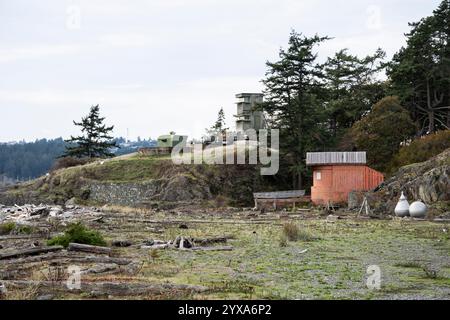 Fischerhütte in Fort Rodd Hill & Fisgard Lighthouse National Historic Site in Victoria, British Columbia, Kanada Stockfoto