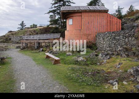 Fischerhütte in Fort Rodd Hill & Fisgard Lighthouse National Historic Site in Victoria, British Columbia, Kanada Stockfoto