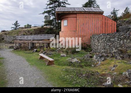 Fischerhütte in Fort Rodd Hill & Fisgard Lighthouse National Historic Site in Victoria, British Columbia, Kanada Stockfoto