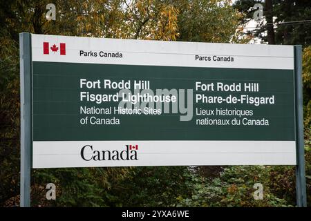 Fort Rodd Hill & Fisgard Lighthouse National Historic Site Schild in Victoria, British Columbia, Kanada Stockfoto