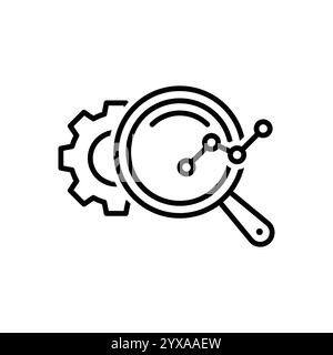 Symbol für Marktforschungslinie. Untersucht aufmerksam durch eine Lupe, wie Zeiger wachsen, vermarkten, Meinungen und Feedback erhalten. Analysenkonzept. Isola Stock Vektor