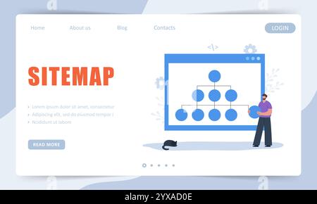 Konzept für die Erstellung von Sitemap. Vorlage für Landing-Page. SEO-Verwaltung der Website. Männlicher Entwickler organisiert die Site-Struktur. Vektorabbildung Stock Vektor