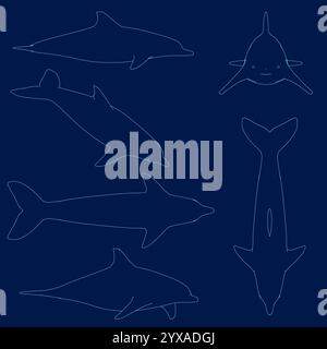 Kontursatz für Dolphin-Zeichen. Delfine springen und schwimmen Posen. Ozeanarium Show Maskottchen Unterwassertier. Vektorillustrationssatz Stock Vektor