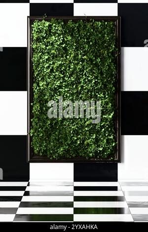 Vertikaler Garten mit schwarzer und weißer Marmorwand und 3D-Putz auf dem Boden Stockfoto