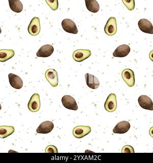 Aquarellavocado, Hintergrund. Avocadomuster in Aquarellfarben. Obst, Gemüse. Die Hälfte einer braunen Reifen Avocado mit einem Stein. Design für Lebensmittelverpackungen Stockfoto