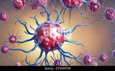 Mikroskopische biologische Strukturansicht virusähnlicher Zellen oder Bakterien mit verlängerten Zweigen, die Neuronen oder molekularen Verbindungen ähneln Stockfoto