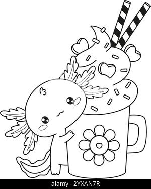 Outline Axolotl umarmte Tasse Süßes Dessert mit Schlagsahne. Lustige kleine Karikatur-Kawaii-Figur. Linienzeichnung, Malbuch. Vektorabbildung. Stock Vektor