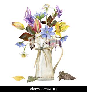 Frühlingsblumen, blaue hepatica Forget-Me-Not, weiße Waldanemone, gelbe Tulpe, corydalis-Orchidee in Kannenvase, handgezeichnet in Aquarell. Blumenstrauß Stockfoto