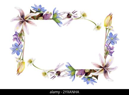 Frühlingsblumen, Forellenlilie, gelbe Tulpe, blaue hepatica Vergissmeinnicht, weiße Waldanemone, lila corydalis handgezeichnet in Aquarell. Rahmenrahmen Stockfoto