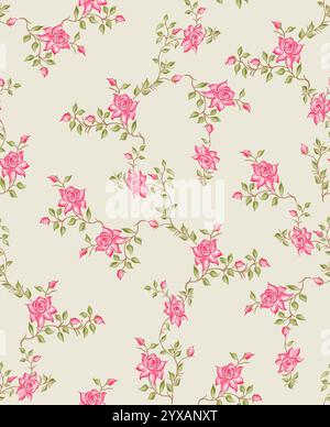 Das Muster wird im gesamten Bild wiederholt und erzeugt ein sich wiederholendes, miteinander verbundenes Blumendesign. Die Rosen und Stiele Zweige. Stockfoto