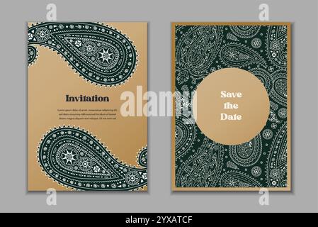 Zwei Grußkarten-Vorlagen mit schwarz-weißen Paisley-Motiven Stock Vektor