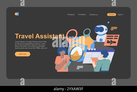 Konzept des Travel Assistant. Digitale Schnittstelle zur Unterstützung der Fahrtplanung durch KI-Unterstützung. Interaktive Karte, Zielsuche, Checkliste für Reisepläne. Vektorabbildung. Stock Vektor